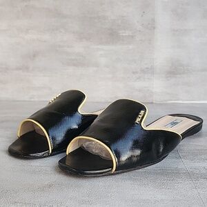 Prada Black Yellow Patent Leather Logo Embellished Flat Slides Size 42.5